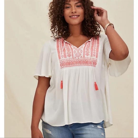 torrid Tops - Torrid Womens Crinkle Gauze Embroidered Top Tassel Tie Ivory Short Sleeve 1X